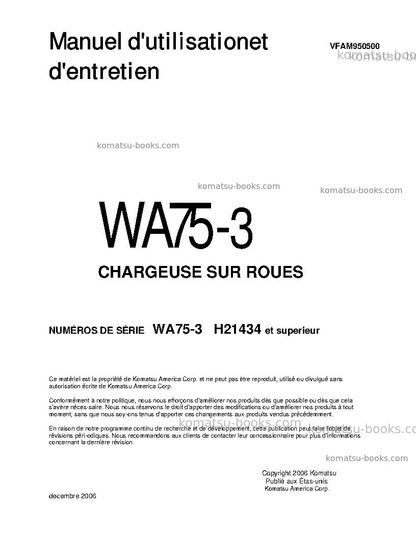 Komatsu wa75-3deu Manuel d'utilisation couverture Komatsu wa75-3deu Manuel d'utilisation couverture