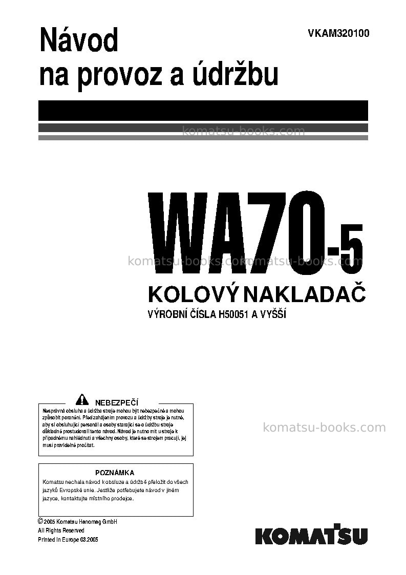 Komatsu wa70-5deu Provozní manuál obálka Komatsu wa70-5deu Provozní manuál obálka