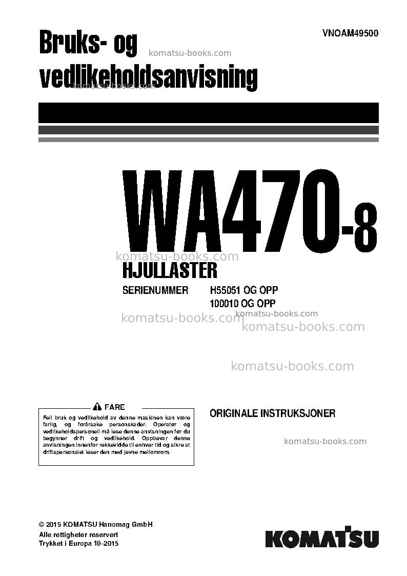 Komatsu wa470-8deu Operation manual cover Komatsu wa470-8deu Operation manual cover