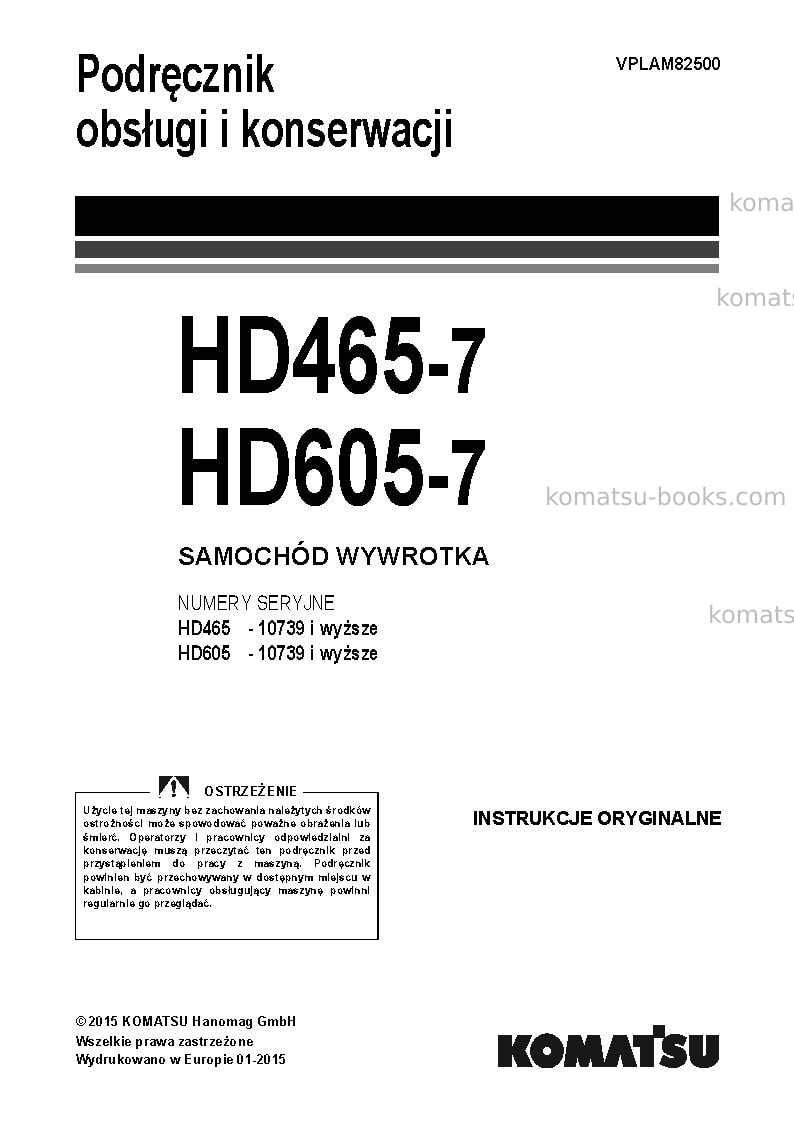 Komatsu hd465-7deu-tier3 Instrukcja obsługi okładka Komatsu hd465-7deu-tier3 Instrukcja obsługi okładka