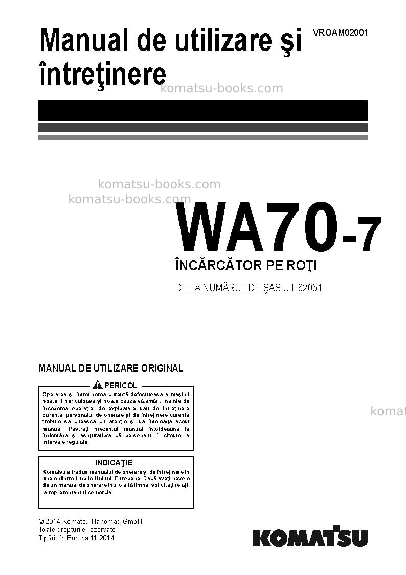 Komatsu wa70-7deu Operation manual cover Komatsu wa70-7deu Operation manual cover