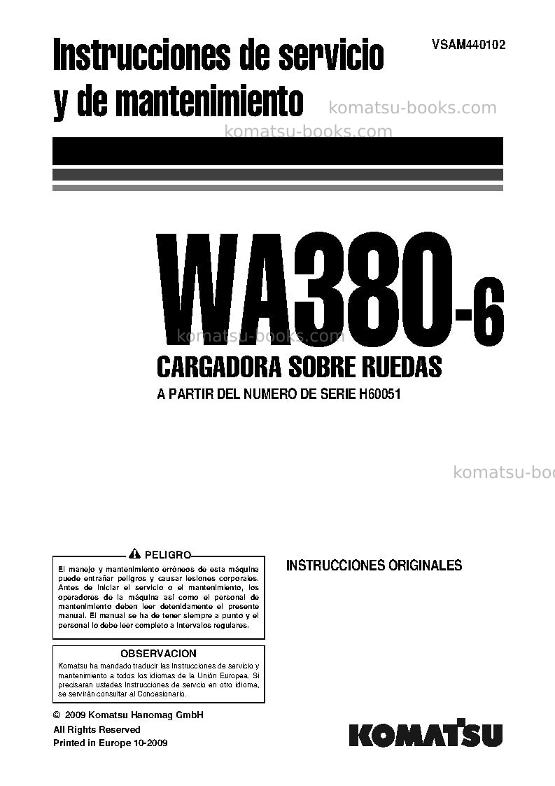 Komatsu wa380-6deu Manual de operación cover Komatsu wa380-6deu Manual de operación cover
