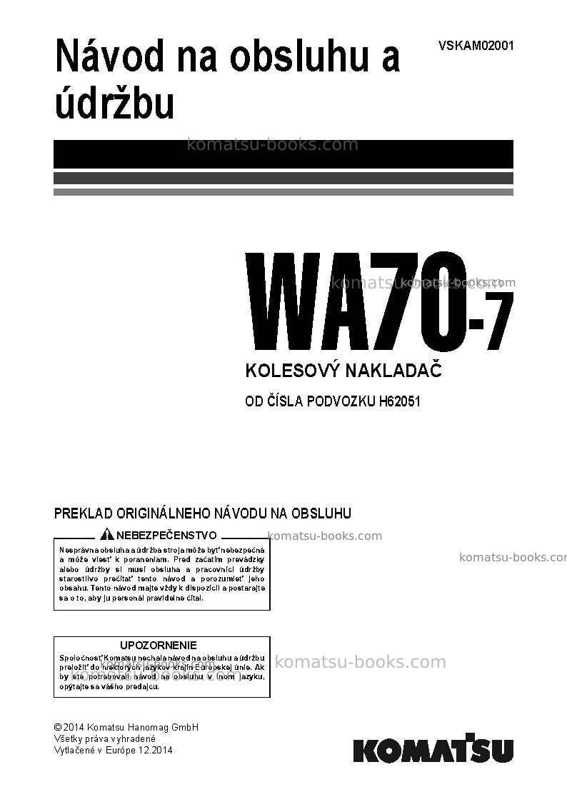 Komatsu wa70-7deu Prevádzkový manuál obal Komatsu wa70-7deu Prevádzkový manuál obal