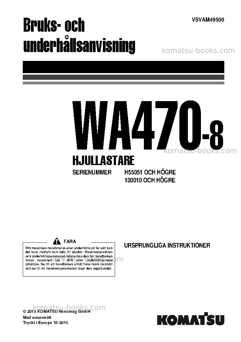 Komatsu wa470-8deu Operation manual cover Komatsu wa470-8deu Operation manual cover