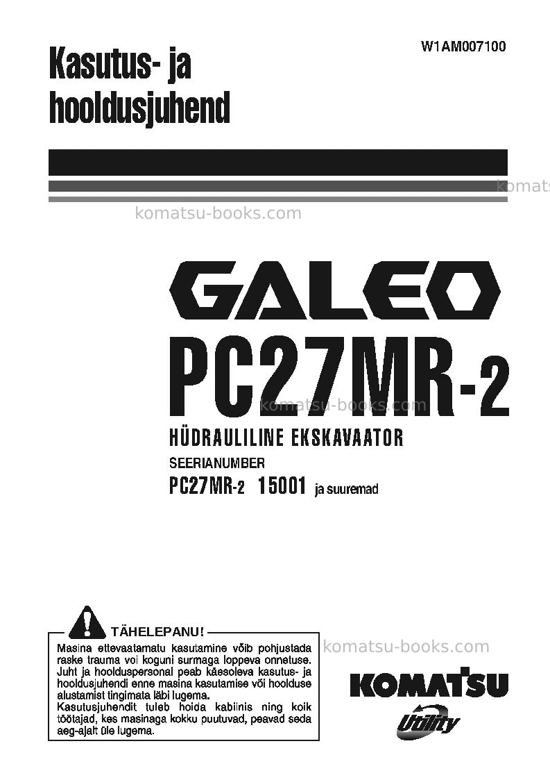 Komatsu pc27mr-2ita-wa canopy spec. Operation manual cover Komatsu pc27mr-2ita-wa canopy spec. Operation manual cover