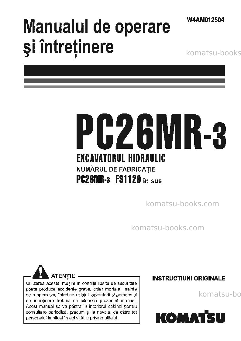 Komatsu pc26mr-3ita Operation manual cover