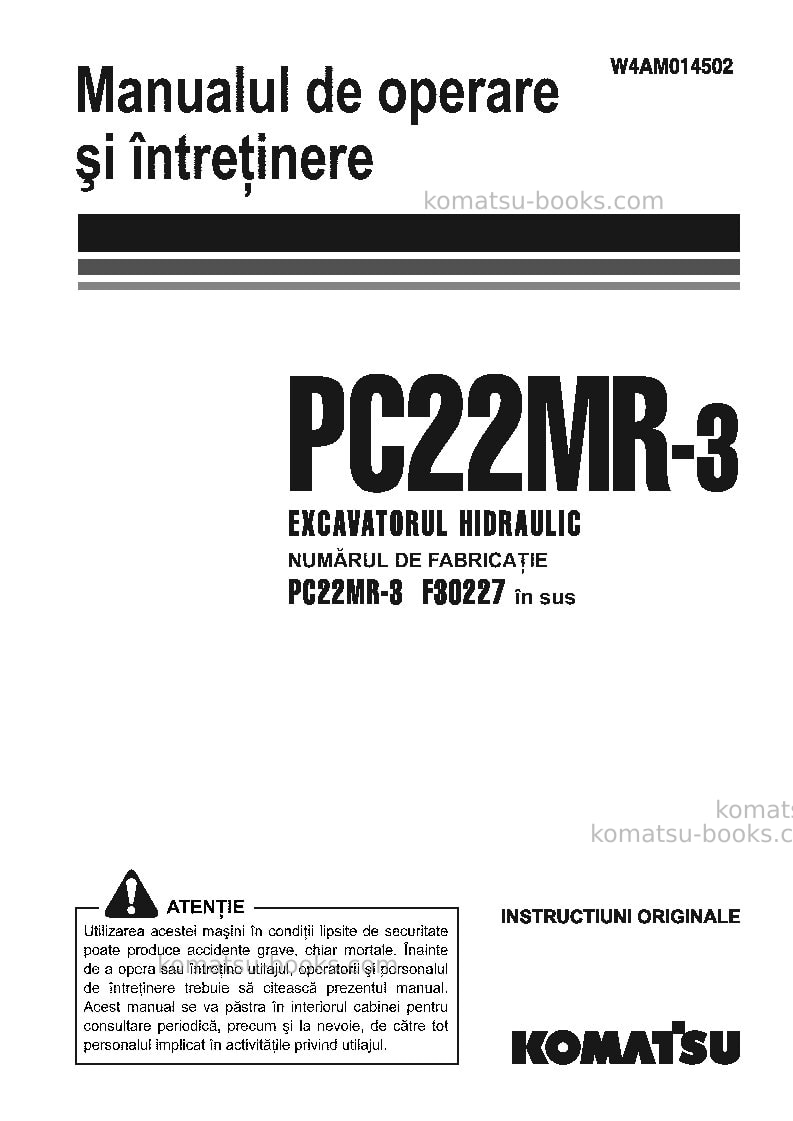 Komatsu pc22mr-3ita Operation manual cover