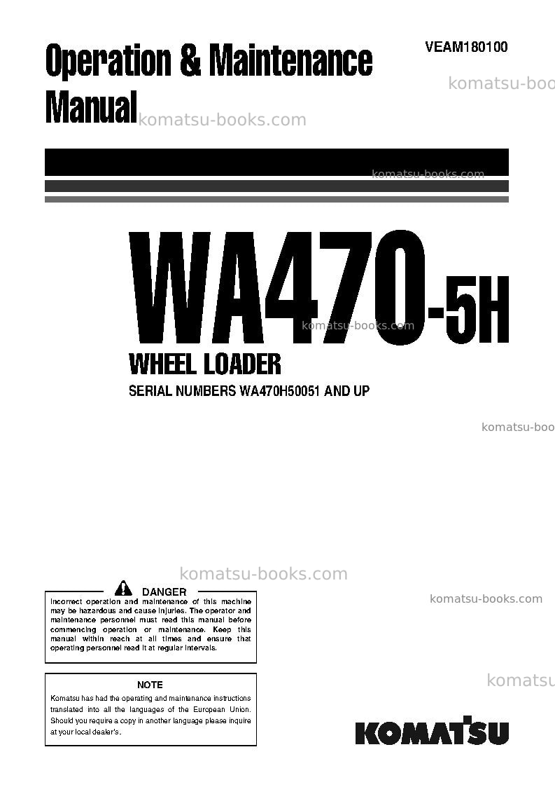 Komatsu wa470-5deu-h Operation manual cover