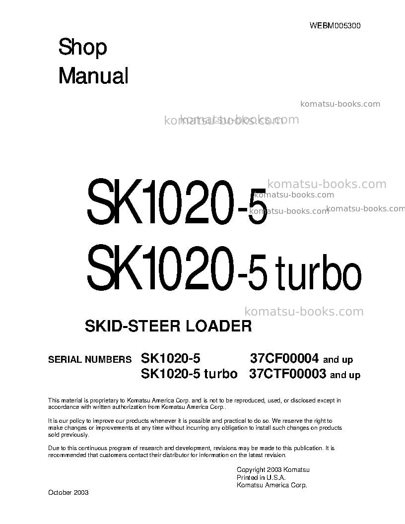 Komatsu sk1020-5ita Repair & maintenance cover