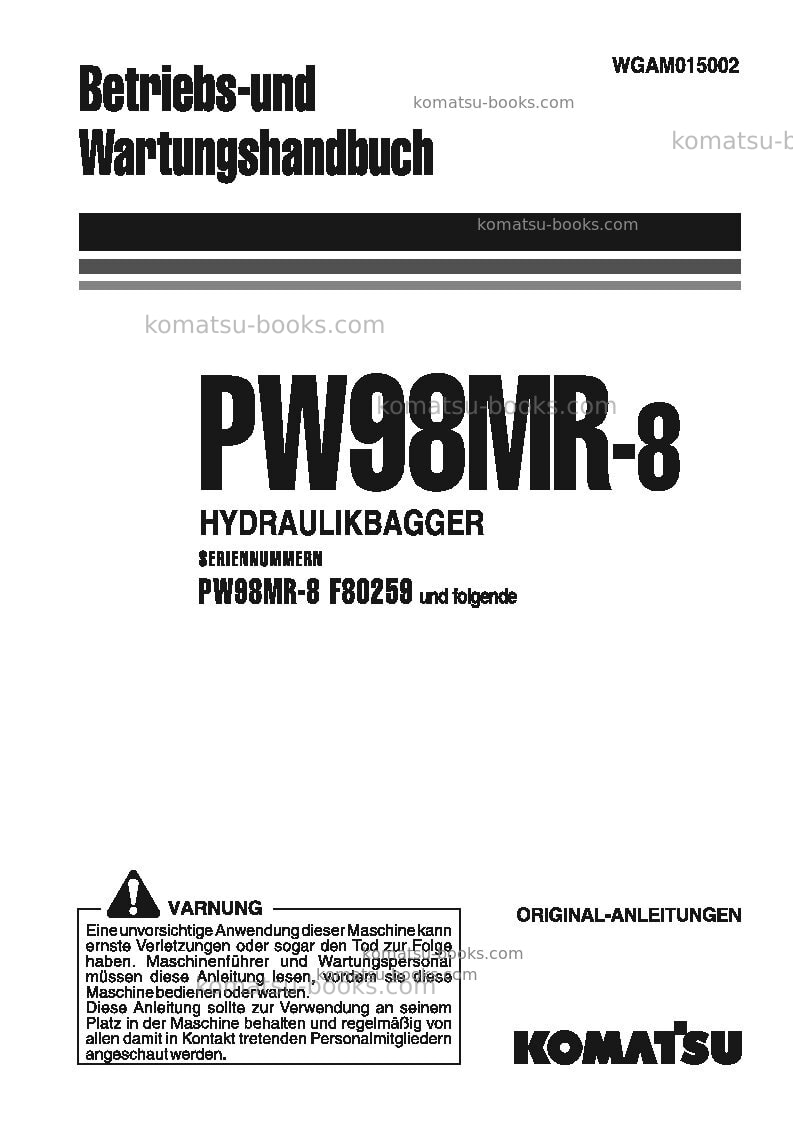 Komatsu pw98mr-8ita Betriebsanleitung Titelseite Komatsu pw98mr-8ita Betriebsanleitung Titelseite