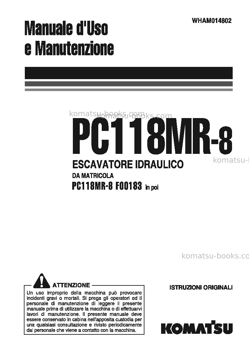 Komatsu pc118mr-8ita Manuale operativo copertina Komatsu pc118mr-8ita Manuale operativo copertina