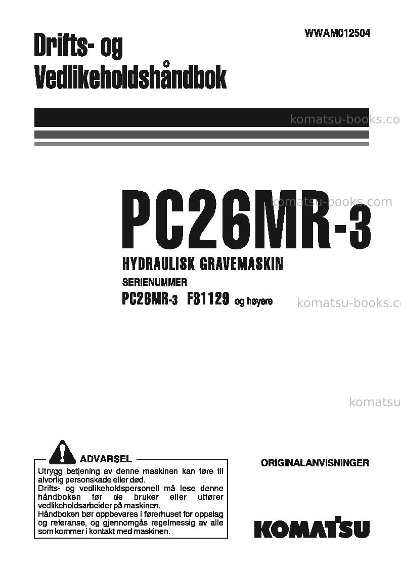 Komatsu pc26mr-3ita Operation manual cover