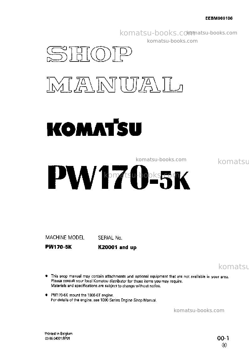 Komatsu pw170-5gbr-k Repair & maintenance cover