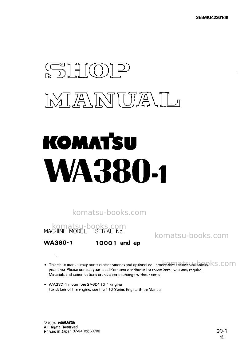 Komatsu wa380-1jpn Repair & maintenance cover