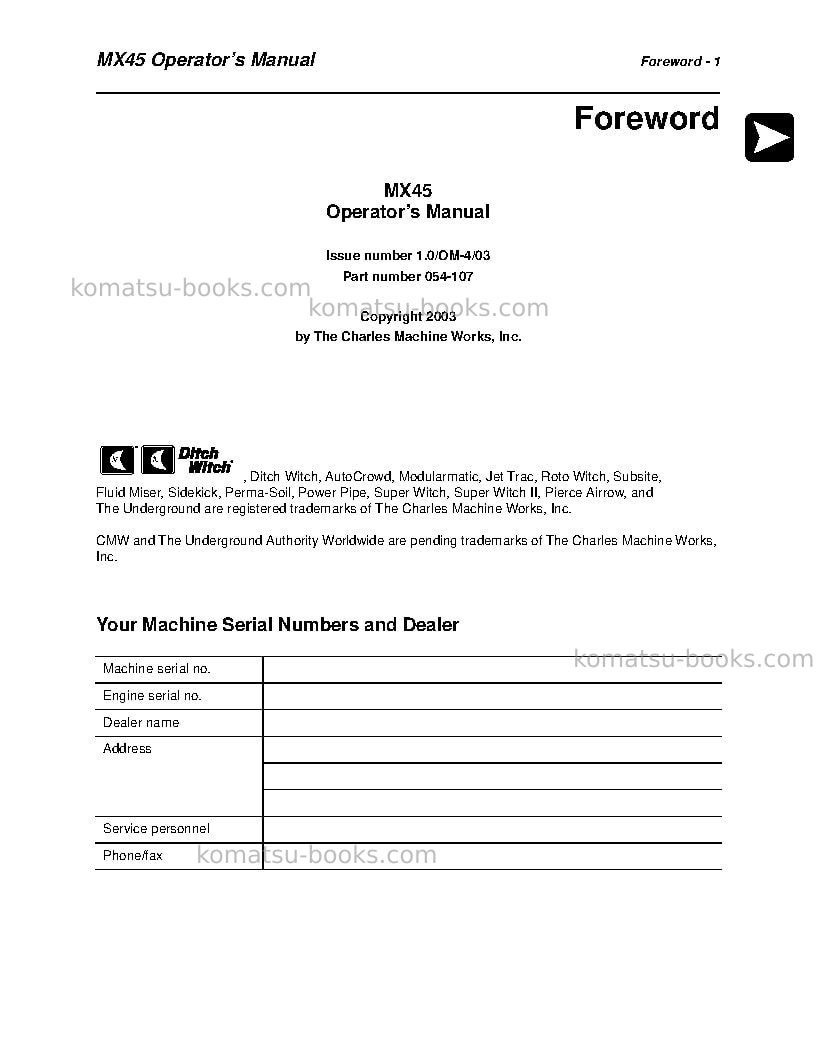 Komatsu mx45jpn Operation manual cover Page 2 Komatsu mx45jpn Operation manual cover Page 2