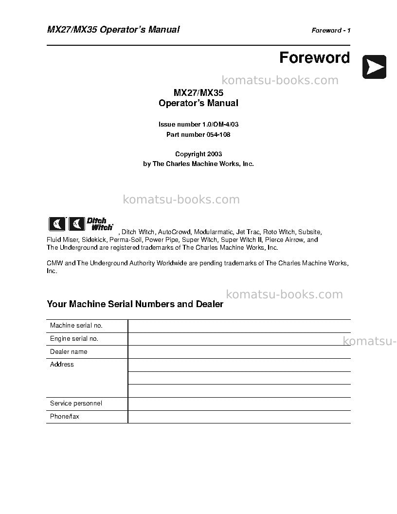 Komatsu mx35jpn Operation manual cover Page 2 Komatsu mx35jpn Operation manual cover Page 2