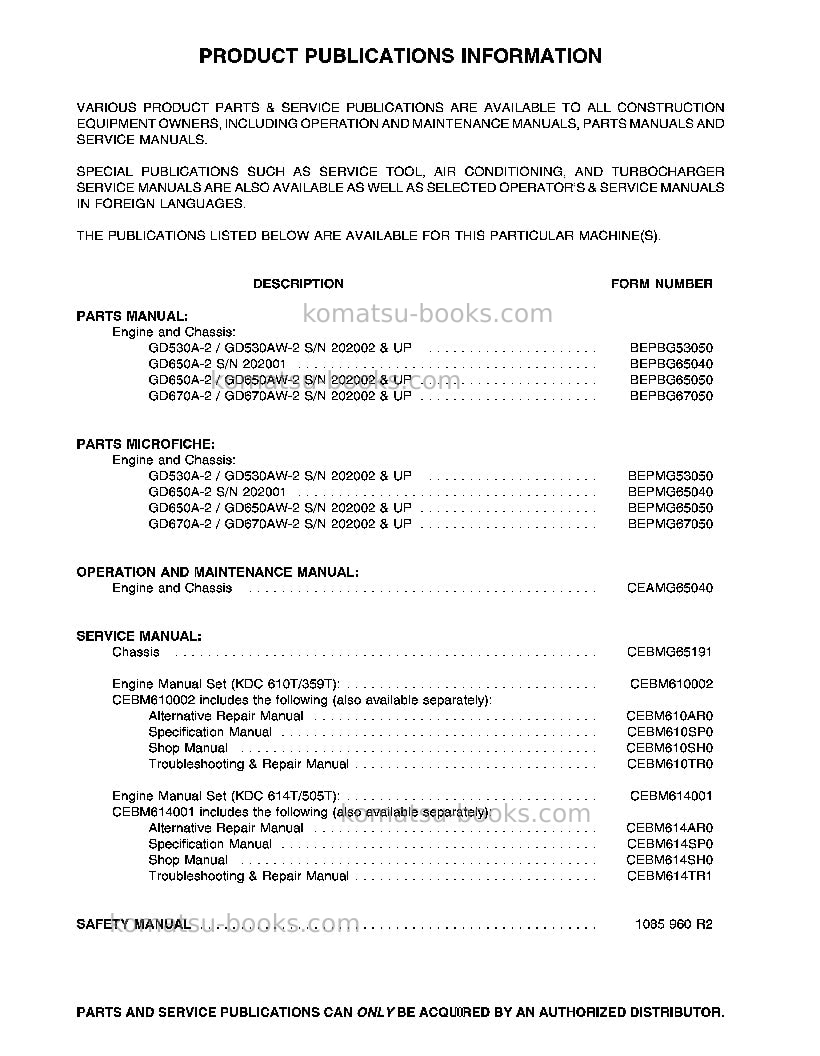Komatsu gd650aw-2usa-cy Operation manual cover Page 2 Komatsu gd650aw-2usa-cy Operation manual cover Page 2