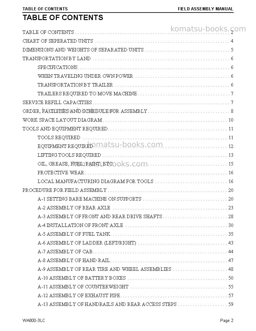 Komatsu wa800-3usa-lc Field assembly manual cover Page 2 Komatsu wa800-3usa-lc Field assembly manual cover Page 2