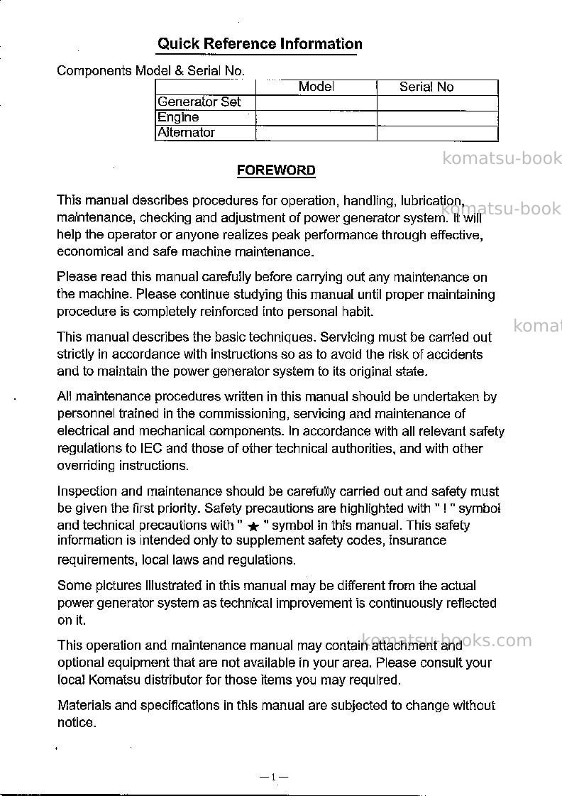 Komatsu egs1000-3sgp Operation manual cover Page 2 Komatsu egs1000-3sgp Operation manual cover Page 2