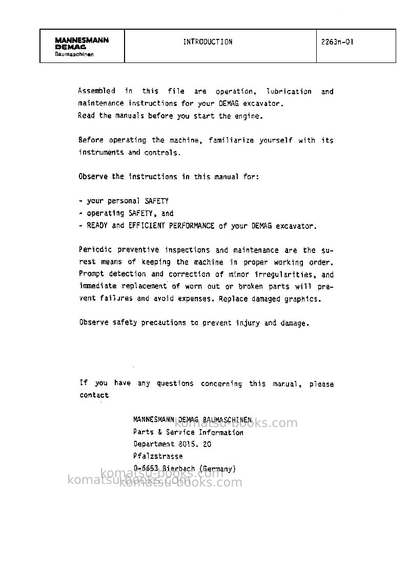 Komatsu h185sdeu Operation manual cover Page 2