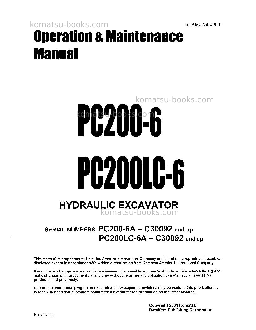 Komatsu pc200lc-6tha-a Operation manual cover Page 2