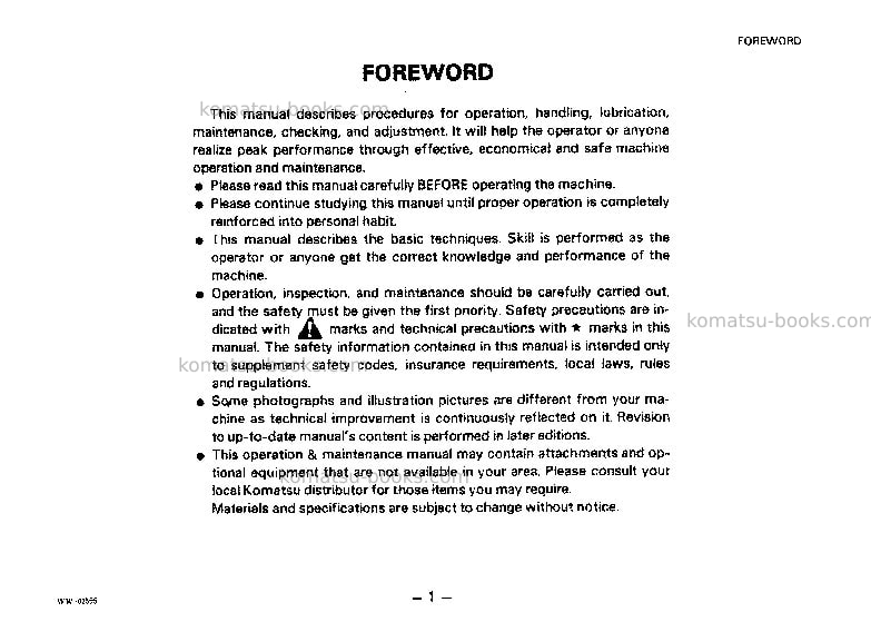 Komatsu wa70-1jpn Operation manual cover Page 2 Komatsu wa70-1jpn Operation manual cover Page 2