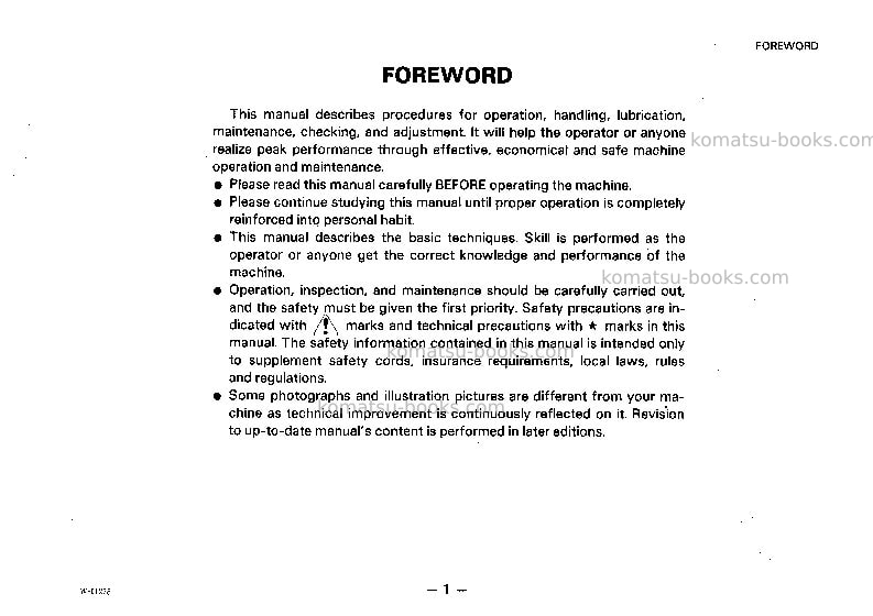 Komatsu wa100-1jpn Operation manual cover Page 2