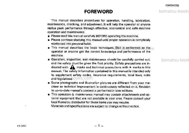 Komatsu wa180-1usa-l Operation manual cover Page 2