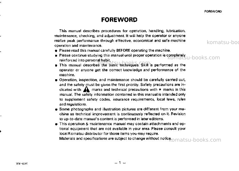 Komatsu wa250-1jpn Operation manual cover Page 2