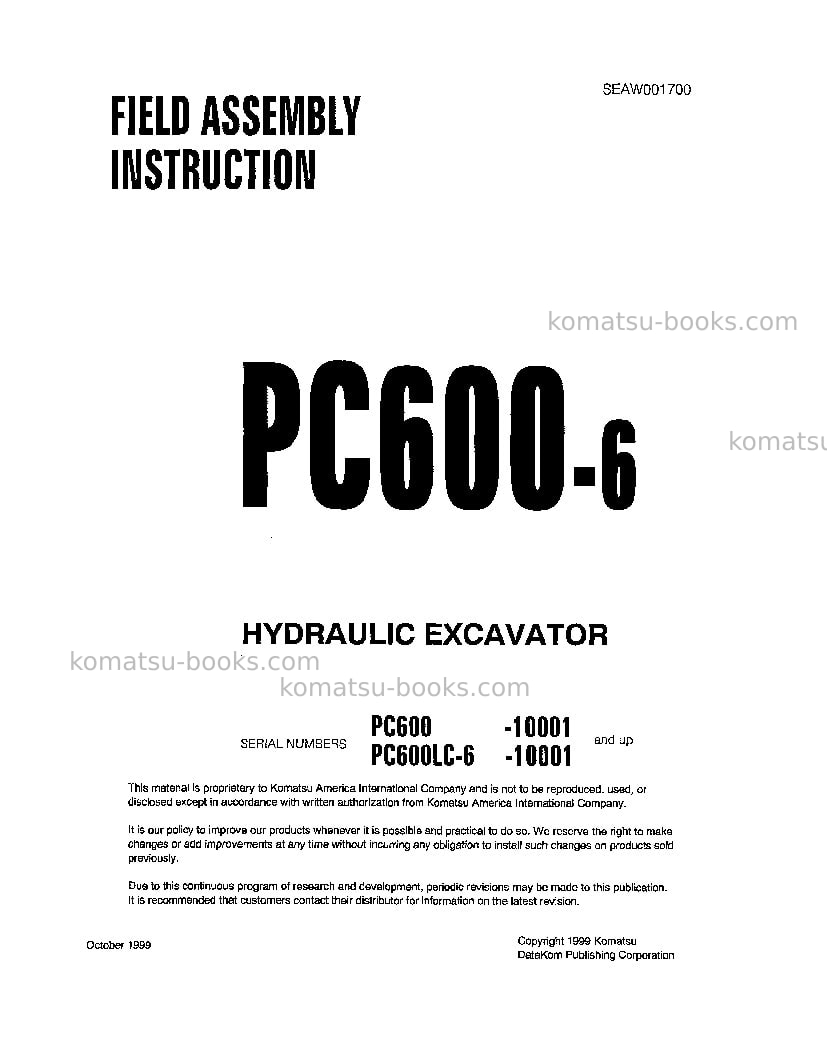 Komatsu pc600lc-6jpn Field assembly manual cover Page 2 Komatsu pc600lc-6jpn Field assembly manual cover Page 2