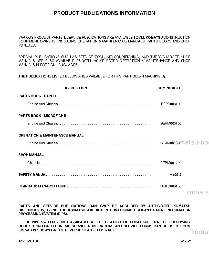 Komatsu pc200z-6usa-le Operation manual cover Page 3 Komatsu pc200z-6usa-le Operation manual cover Page 3