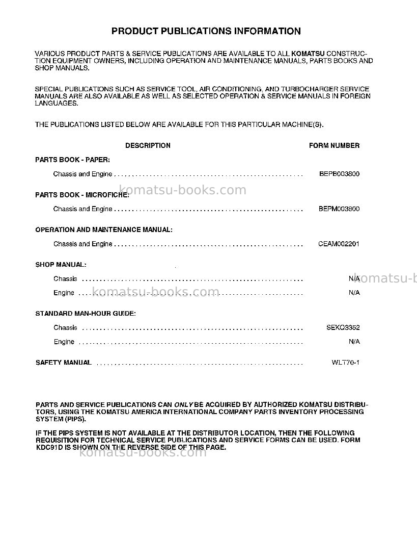 Komatsu wa800-2usa-lc Operation manual cover Page 3 Komatsu wa800-2usa-lc Operation manual cover Page 3