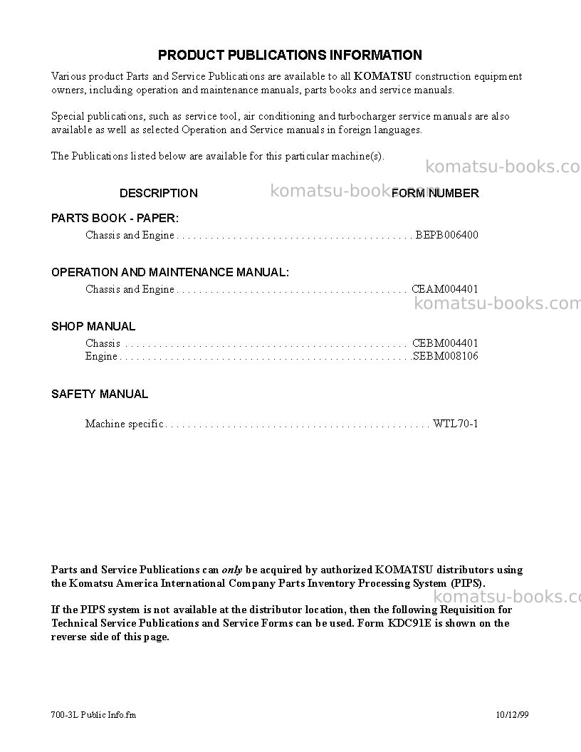 Komatsu wa700-3usa-l Operation manual cover Page 3 Komatsu wa700-3usa-l Operation manual cover Page 3
