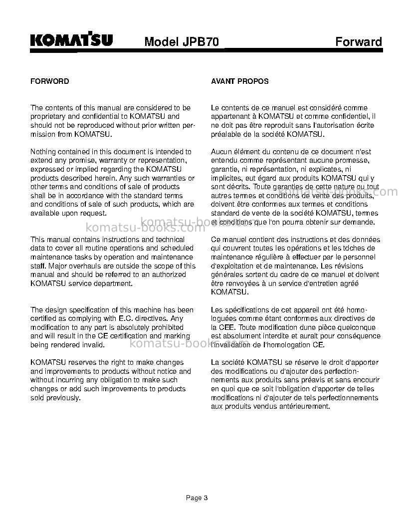 Komatsu jpb70usa Operation manual cover Page 3 Komatsu jpb70usa Operation manual cover Page 3