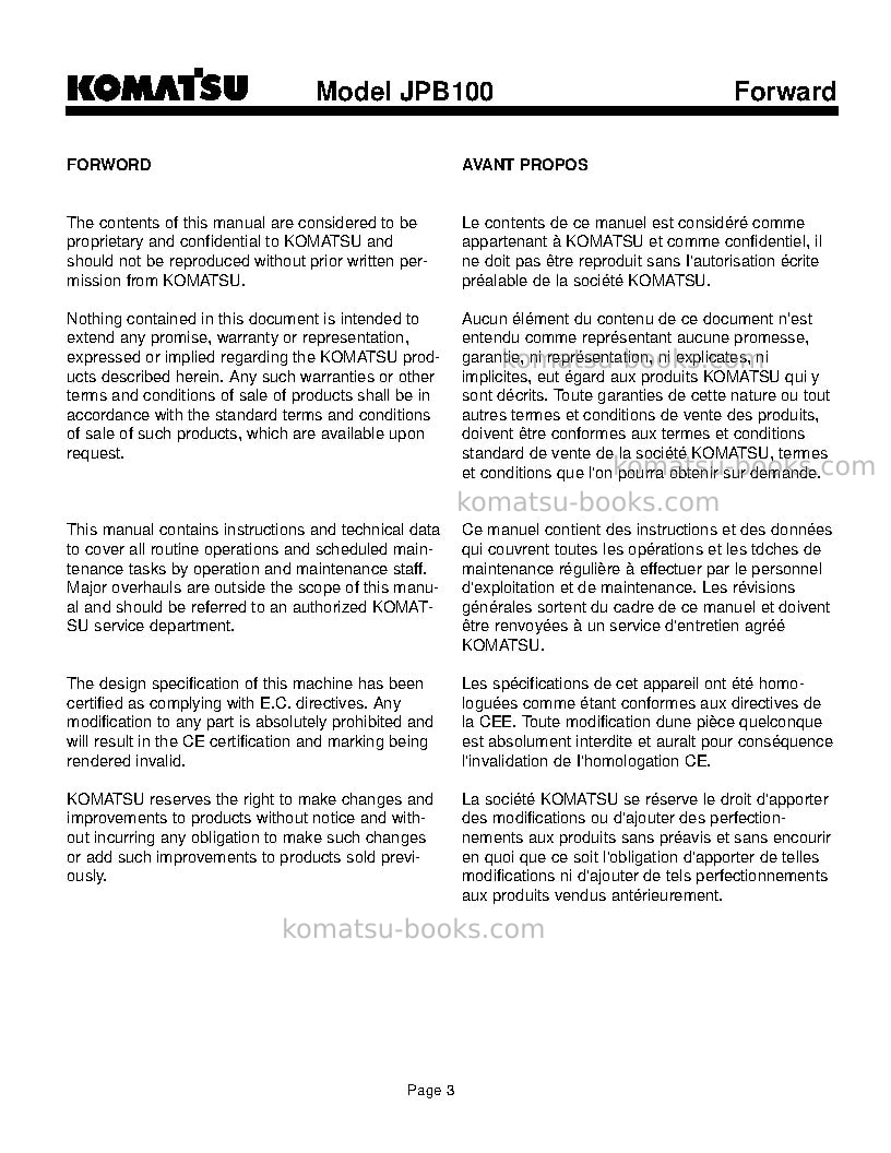 Komatsu jbp100usa Operation manual cover Page 3 Komatsu jbp100usa Operation manual cover Page 3