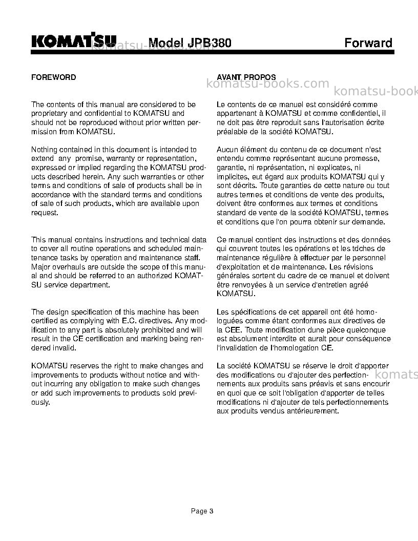 Komatsu jpb380usa Operation manual cover Page 3