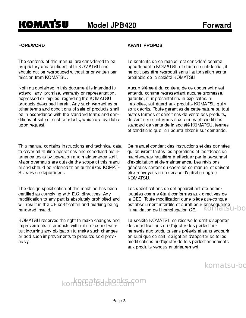 Komatsu jpb420usa Operation manual cover Page 3 Komatsu jpb420usa Operation manual cover Page 3