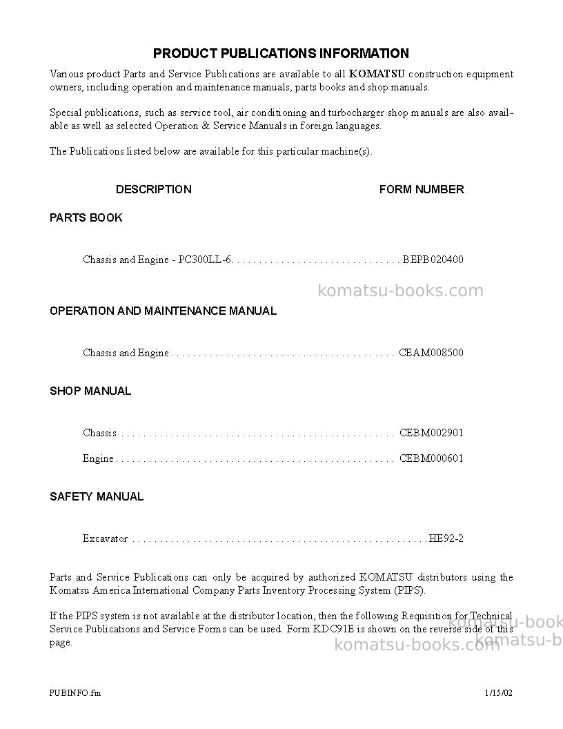 Komatsu pc300ll-6usa Operation manual cover Page 3