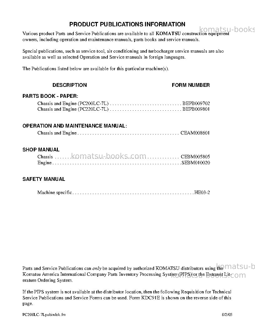 Komatsu pc200lc-7usa-l Operation manual cover Page 3 Komatsu pc200lc-7usa-l Operation manual cover Page 3