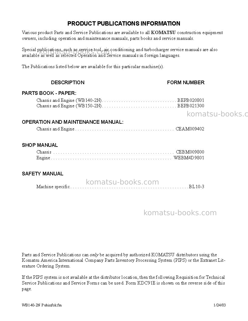 Komatsu wb150-2usa-n Operation manual cover Page 3 Komatsu wb150-2usa-n Operation manual cover Page 3