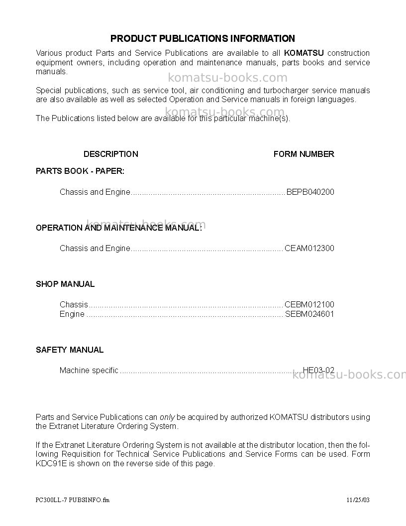 Komatsu pc300ll-7usa-l Operation manual cover Page 3 Komatsu pc300ll-7usa-l Operation manual cover Page 3
