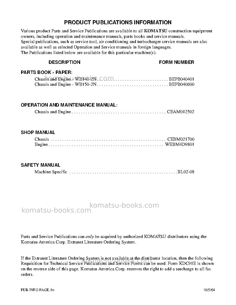 Komatsu wb150-2usa-n Operation manual cover Page 3 Komatsu wb150-2usa-n Operation manual cover Page 3
