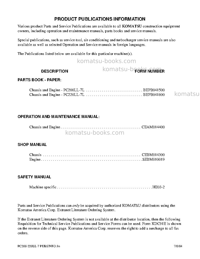Komatsu pc220ll-7usa-l Operation manual cover Page 3 Komatsu pc220ll-7usa-l Operation manual cover Page 3