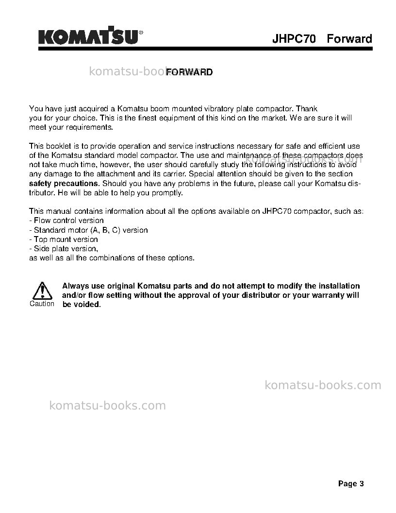 Komatsu jhpc70usa Operation manual cover Page 3 Komatsu jhpc70usa Operation manual cover Page 3