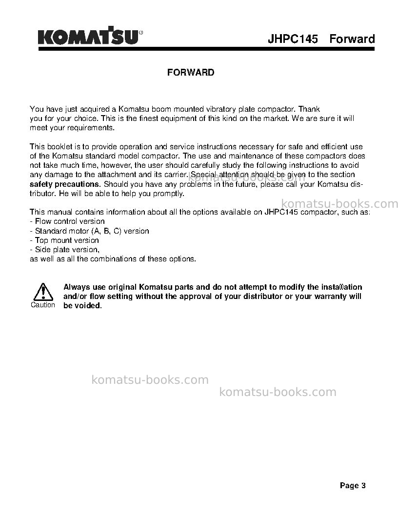 Komatsu jhpc145usa Operation manual cover Page 3 Komatsu jhpc145usa Operation manual cover Page 3