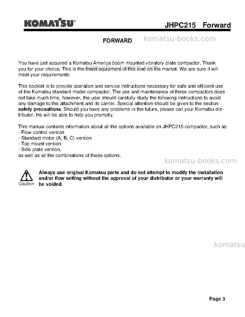 Komatsu jhpc215usa Operation manual cover Page 3 Komatsu jhpc215usa Operation manual cover Page 3
