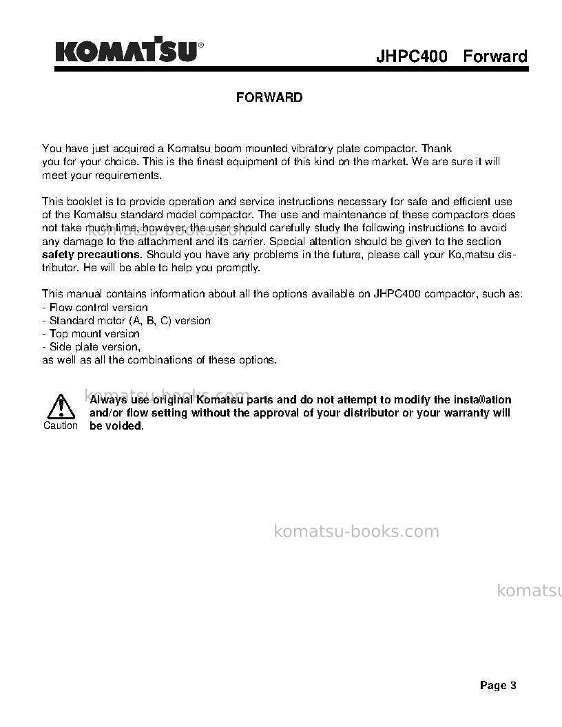 Komatsu jhpc400usa Operation manual cover Page 3