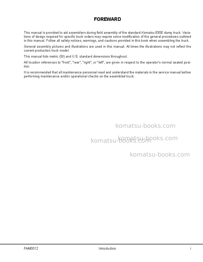 Komatsu 830eusa Field assembly manual cover Page 3 Komatsu 830eusa Field assembly manual cover Page 3