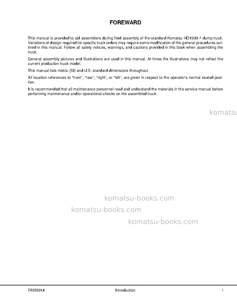 Komatsu hd1500-7usa Field assembly manual cover Page 3