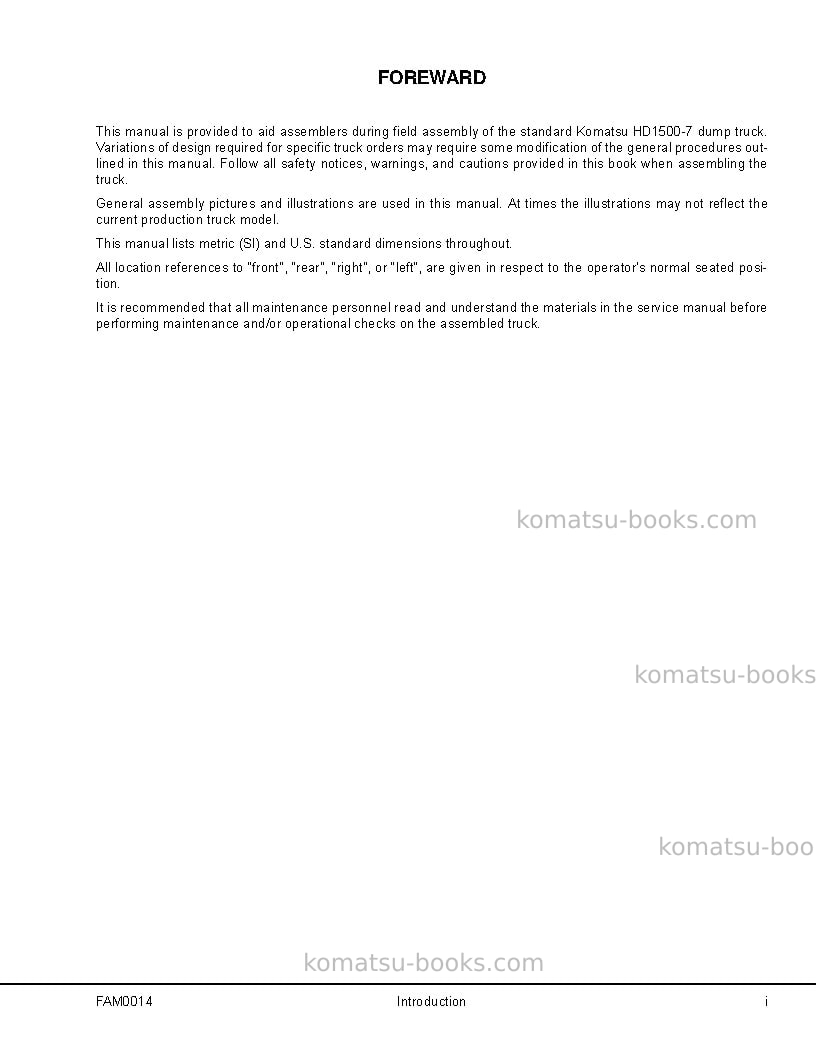 Komatsu hd1500-7usa Field assembly manual cover Page 3 Komatsu hd1500-7usa Field assembly manual cover Page 3